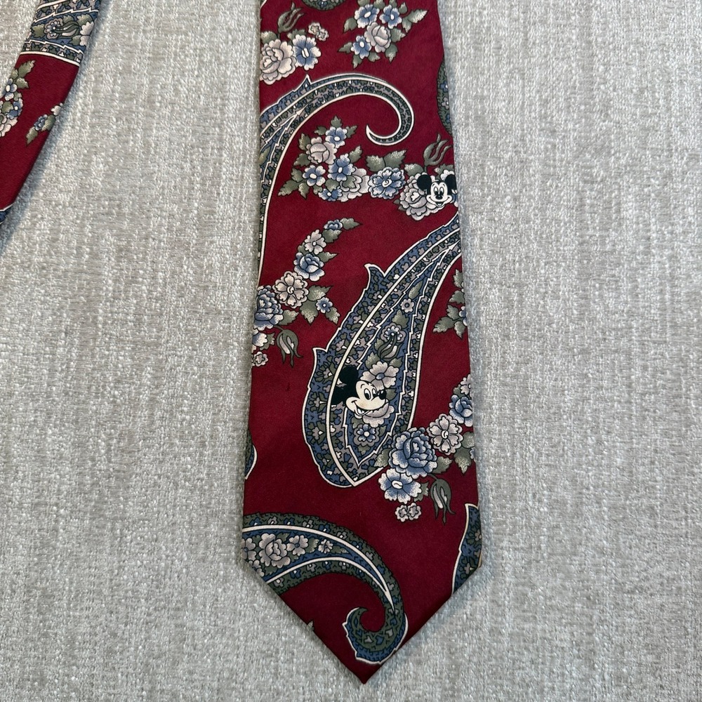 Vintage Disney Mickey Mouse Paisley Silk Tie Mens Burgundy Floral Made in USA